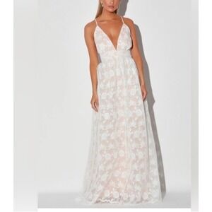 Lulus Ivywood White Beige Embroidered Lace Backless Maxi Dress XS